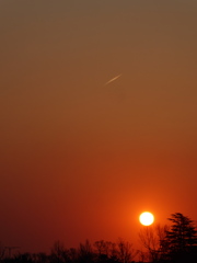 朝日と飛行機雲