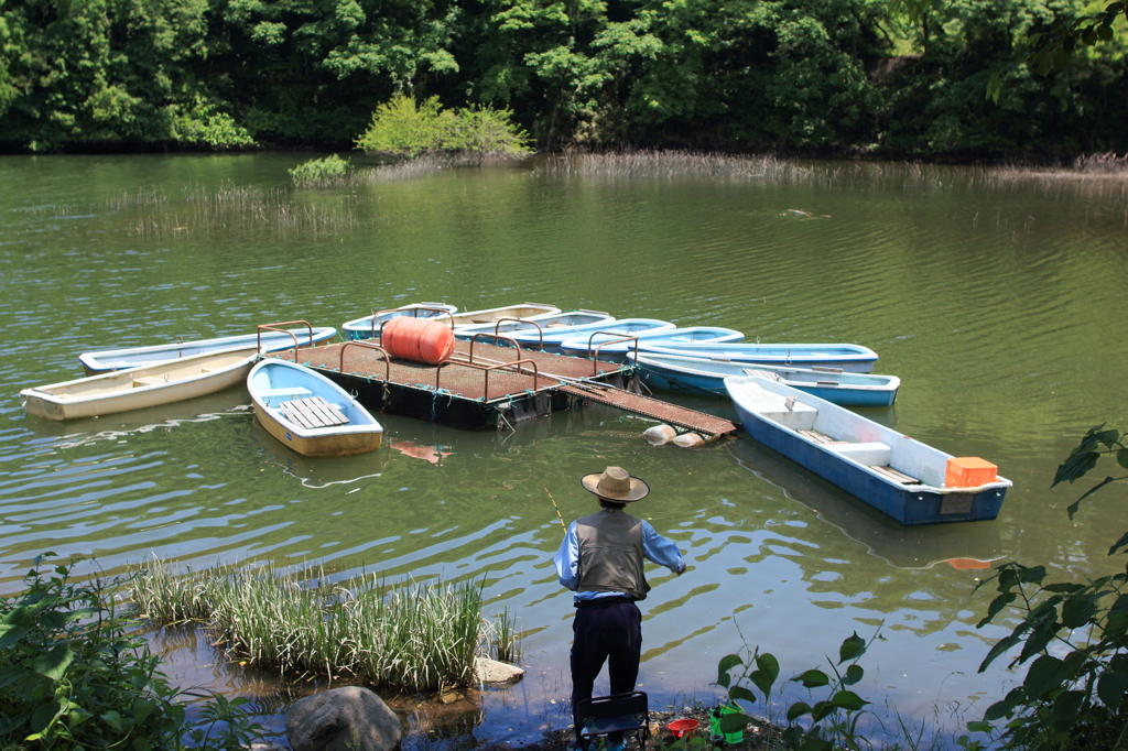 釣り竿5本出してるおじいさん