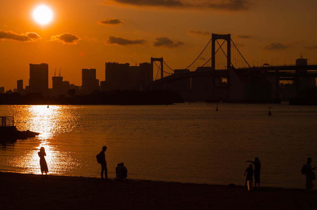 夕景　お台場　夕日を撮る美女