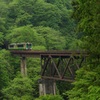 新緑する鉄橋を渡る列車  