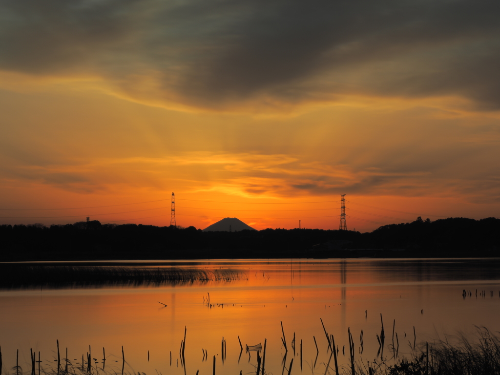 富士映る手賀沼の夕焼け
