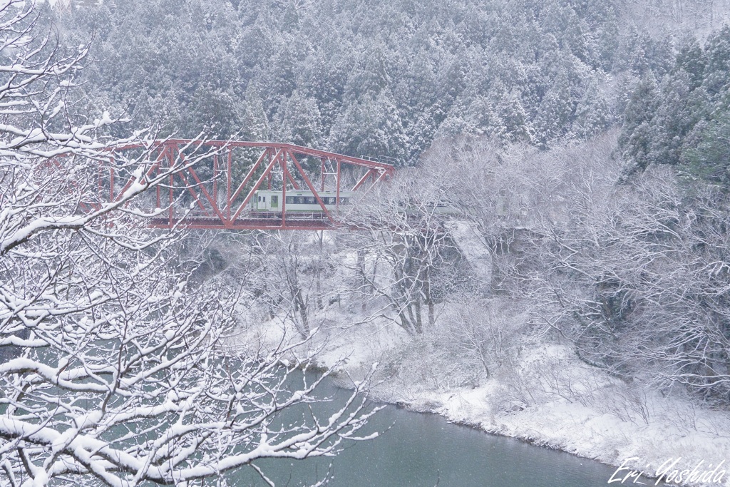 雪の鉄橋を渡る