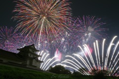 秋の夜空彩る城と花火