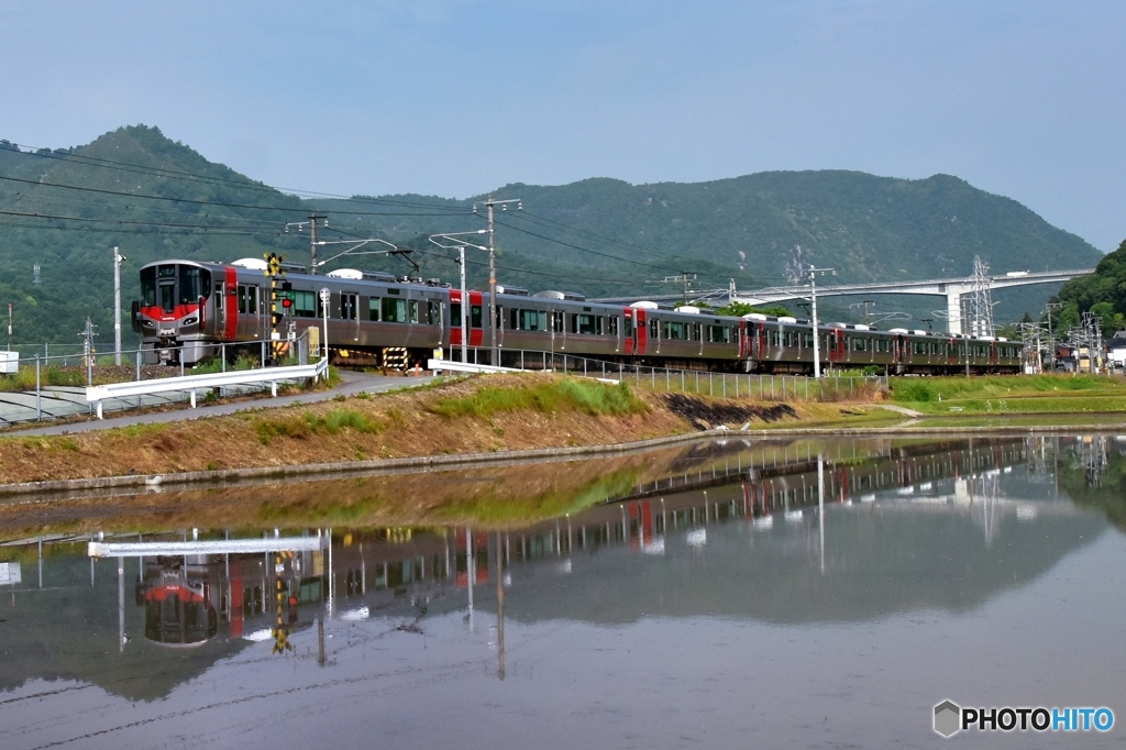 水田に映る列車