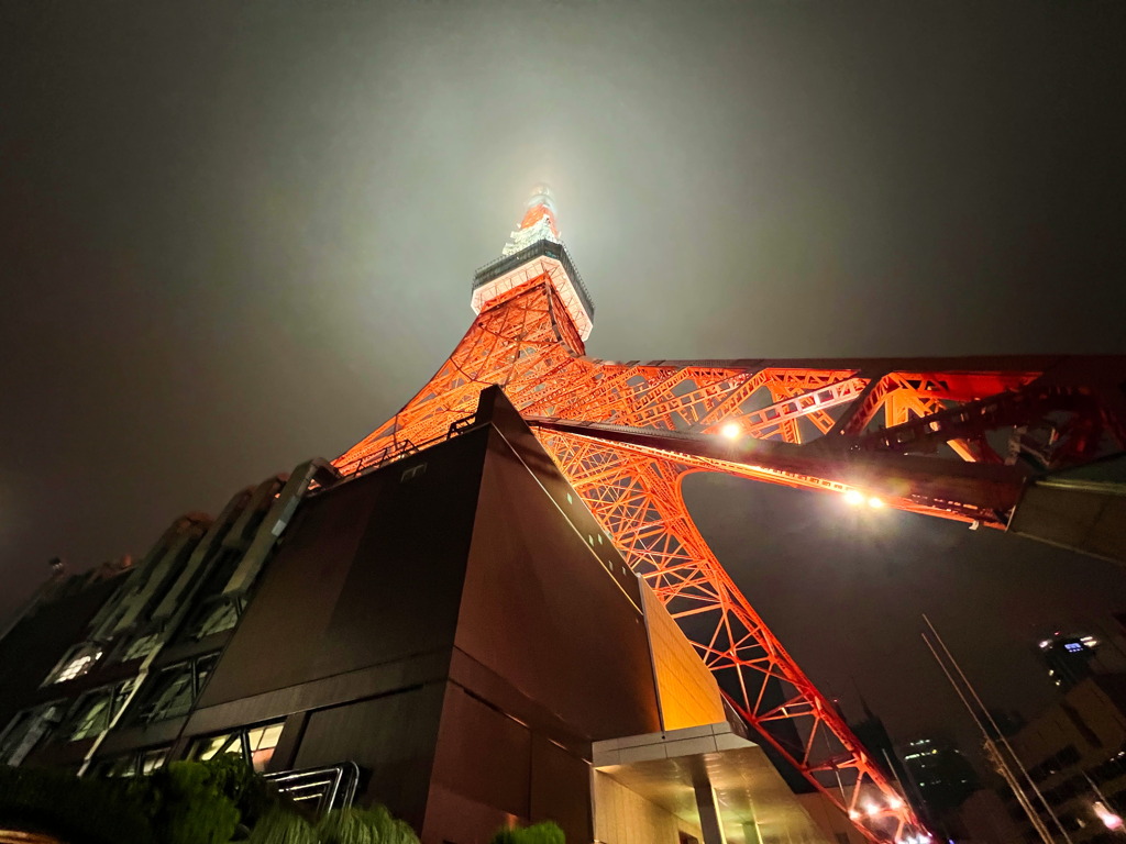 大雨の東京タワー根本