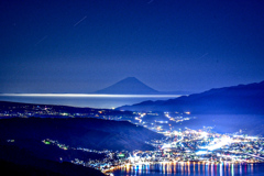 高ボッチの夜景と富士のシルエット