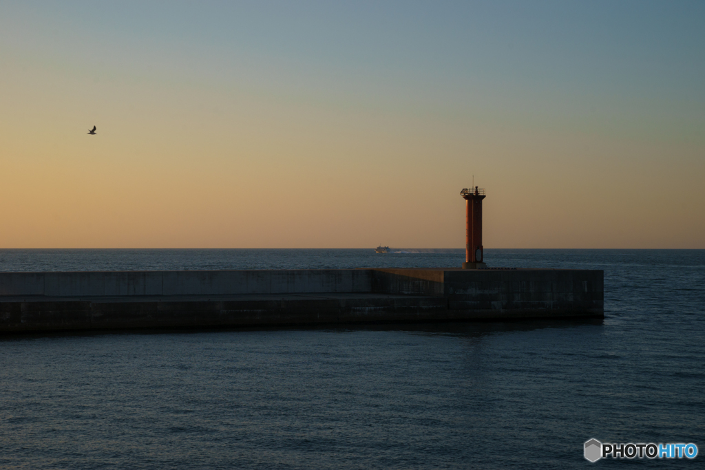 夕焼けと灯台と海鳥と高速フェリーと…