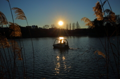 冬の池の夕日