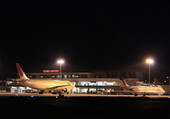 夜の出雲空港に駐機するJAL A300-600RとMD-81 
