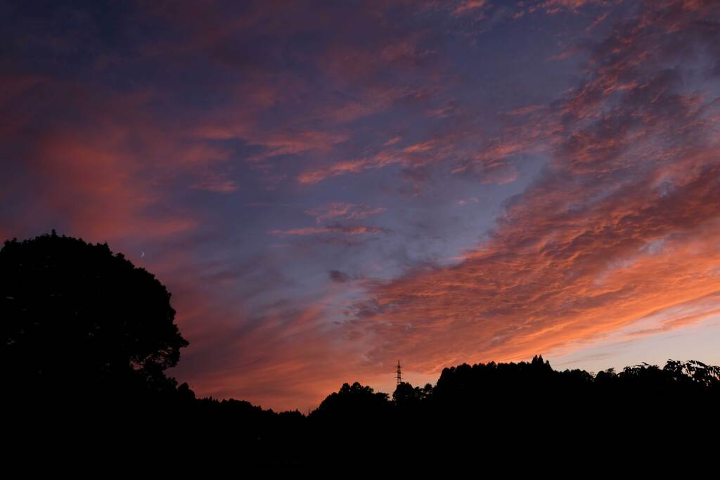 三日月と夕焼雲