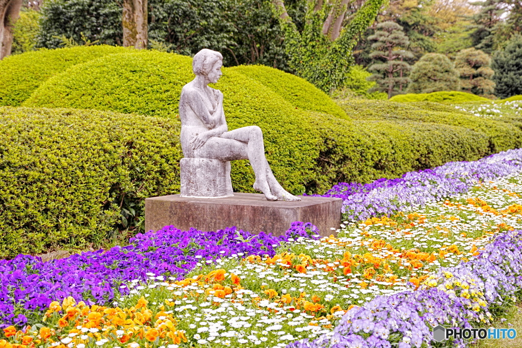 花の川辺に座る