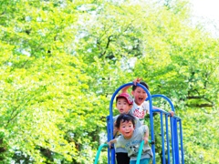 新緑の公園と子供たち