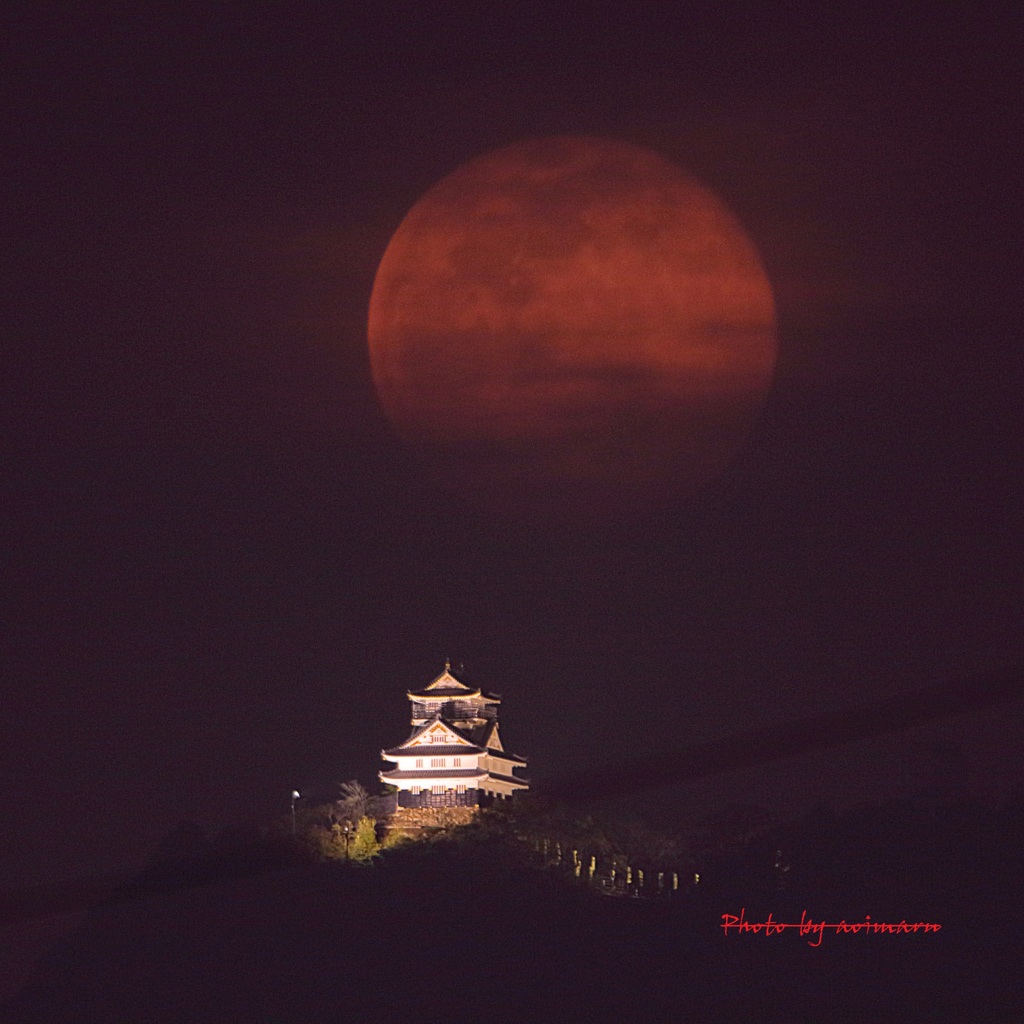 岐阜城と赤い満月