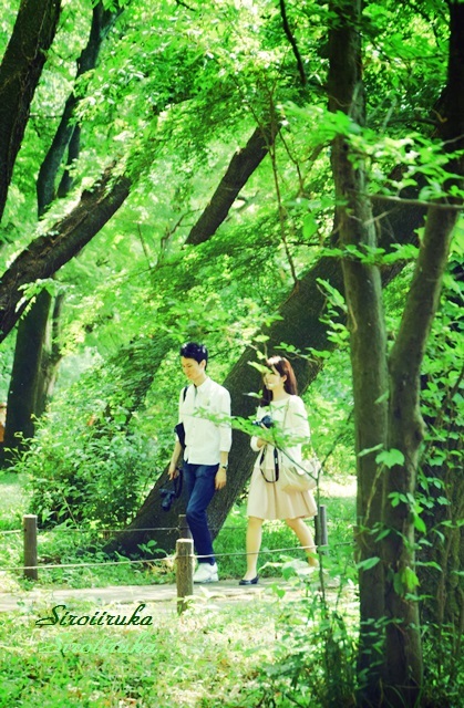 緑の小道を歩く爽やかな二人