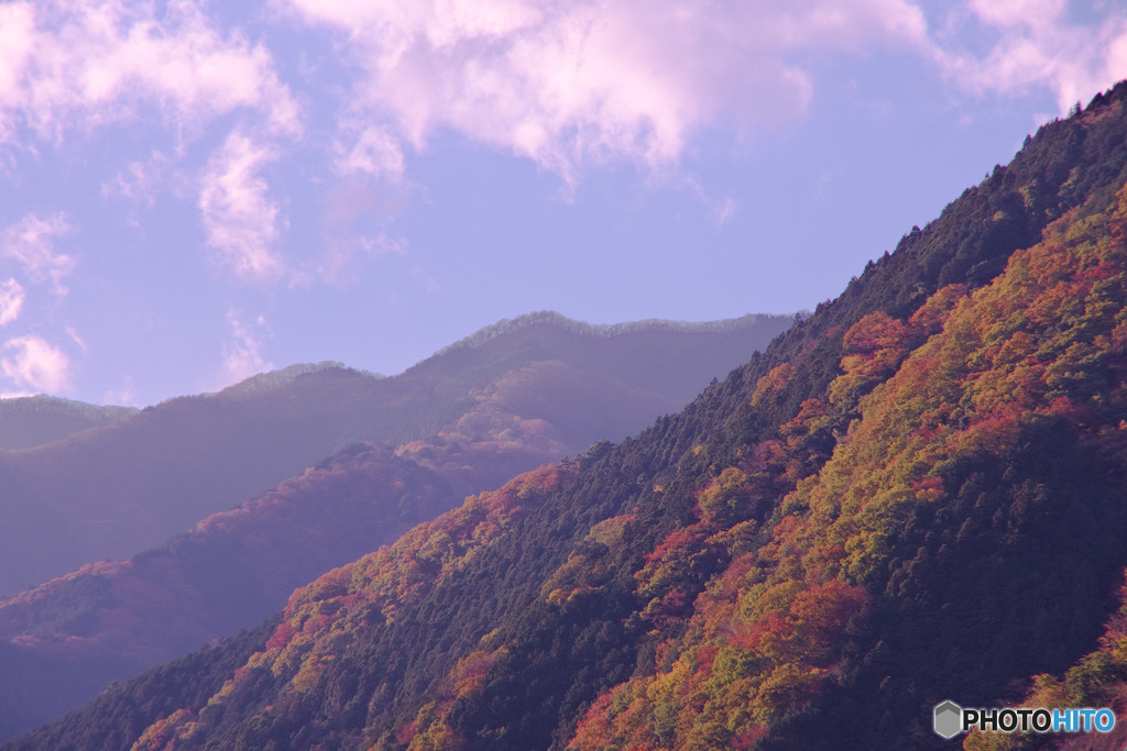 名栗湖からの紅葉と稜線