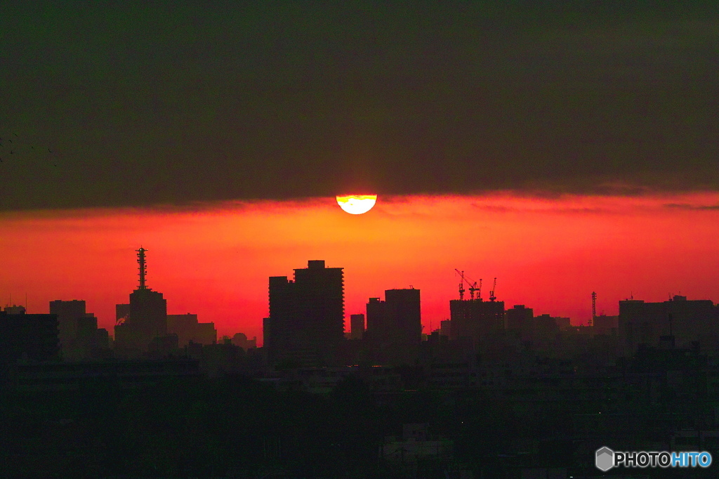 都会の朝焼け