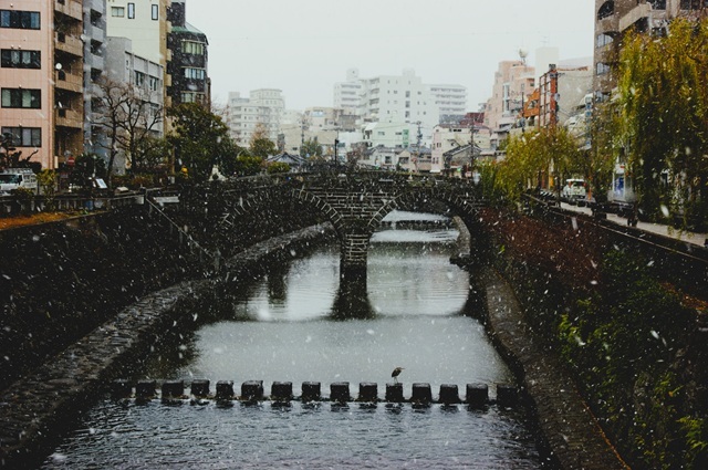 雪の眼鏡橋とサギ