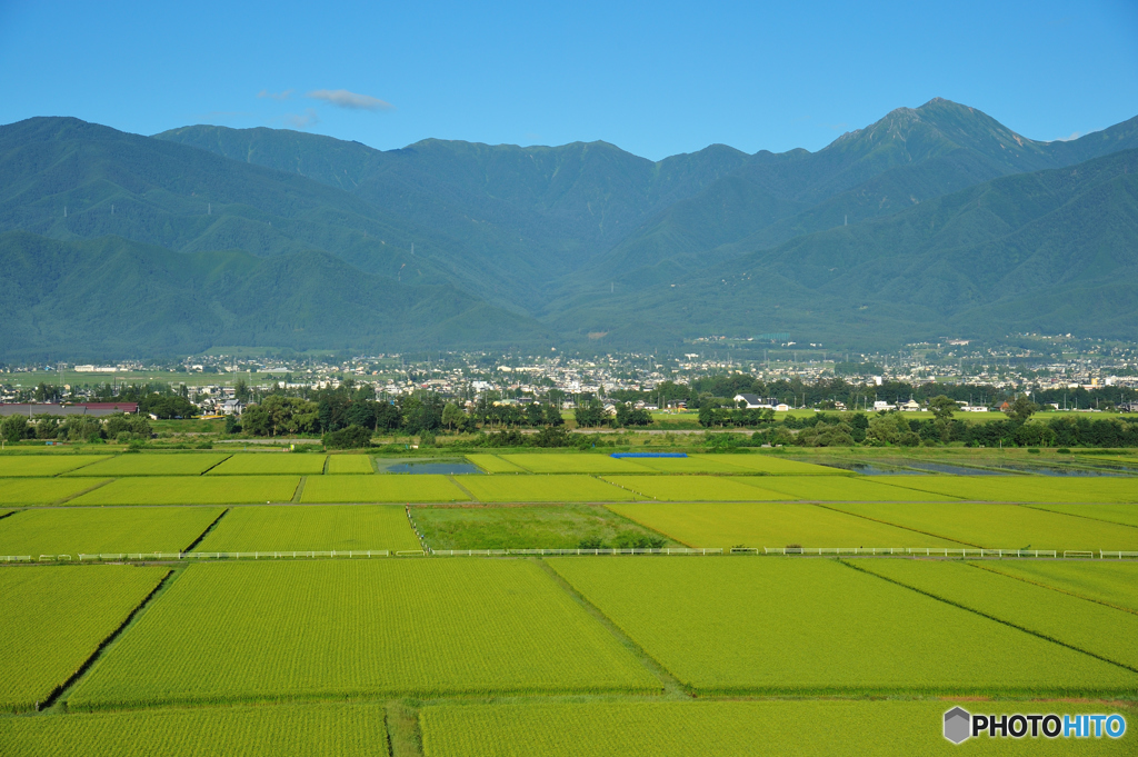 常念と田園風景