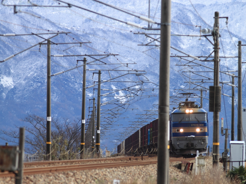 雄大な立山連峰を背に貨物列車が走る