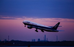 夕焼に飛び込む飛行機