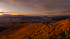 クマザサ朝焼け当たり始める大観峰