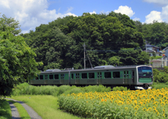 里山に溶け込む電池車