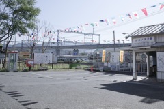 アスファルトに万国旗