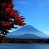 精進湖での紅葉と富士山