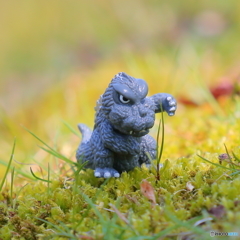 撮影の合間にゴジラ