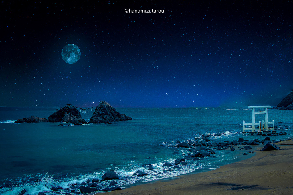 桜井二見ヶ浦の夫婦岩　夜景
