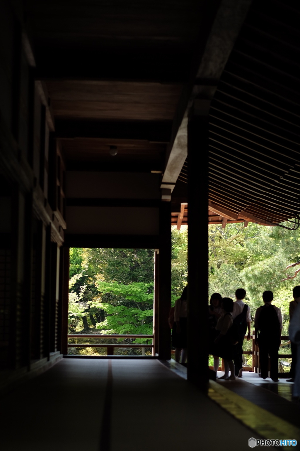 廊下の向こうに広がる庭園(天龍寺)