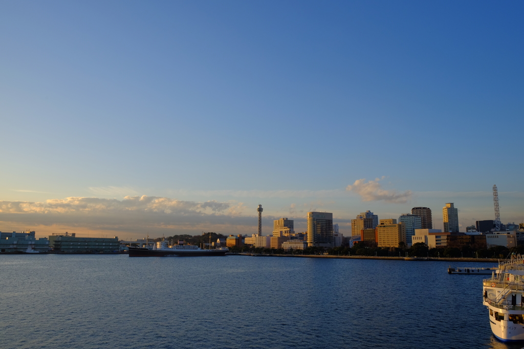 優しい朝日を浴びる山下公園