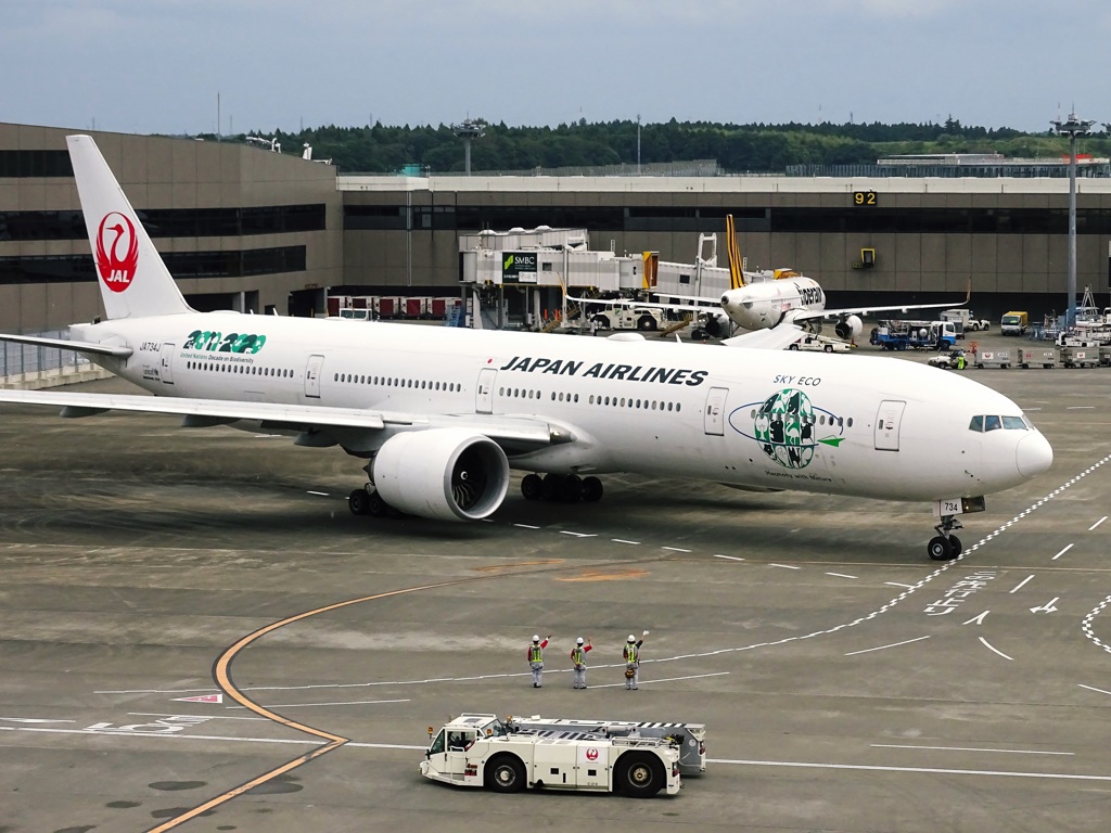 JAL 旧ロゴ B777-300ER「空のエコ」エコジェット 持ち上げれ 1/400