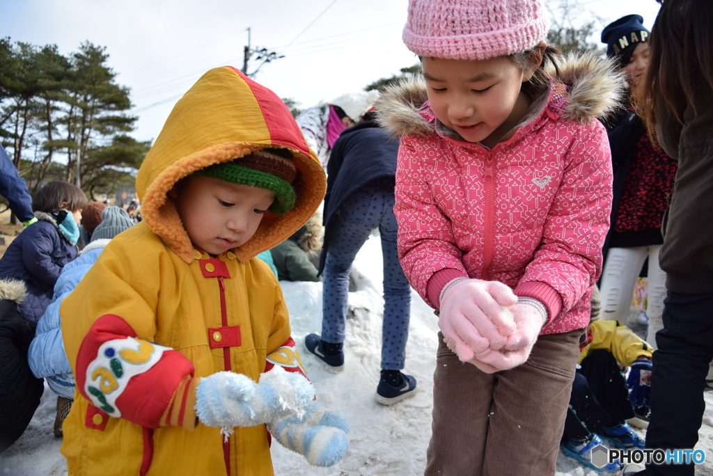 初めての雪に興味深々