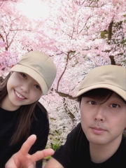 満開  桜の木の下で