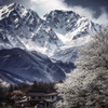 煙る雪山と桜