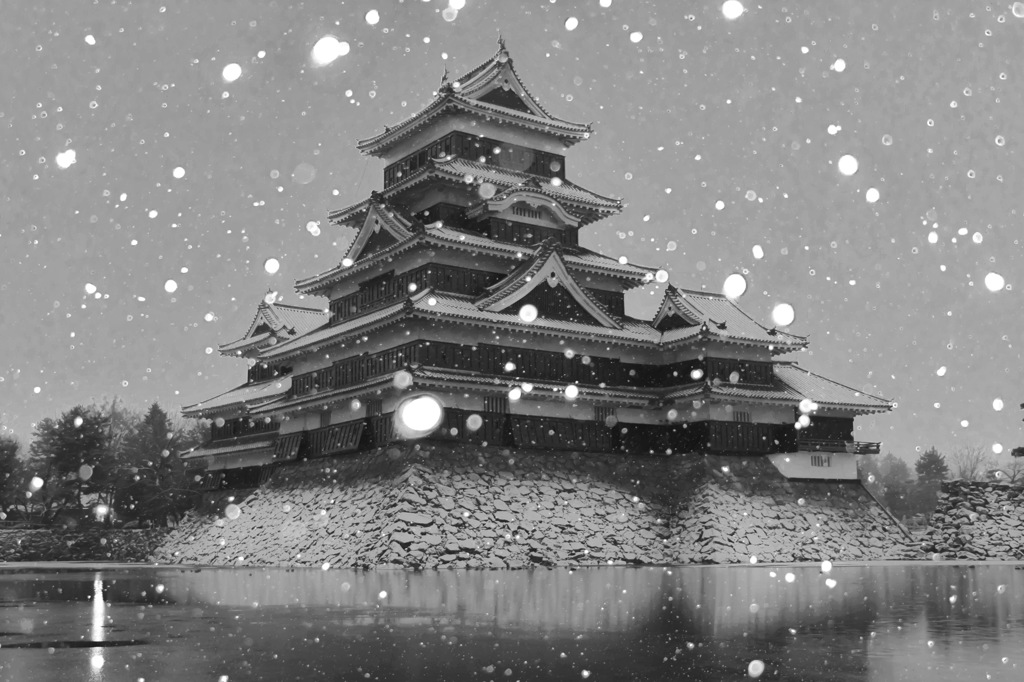 雪舞う松本城