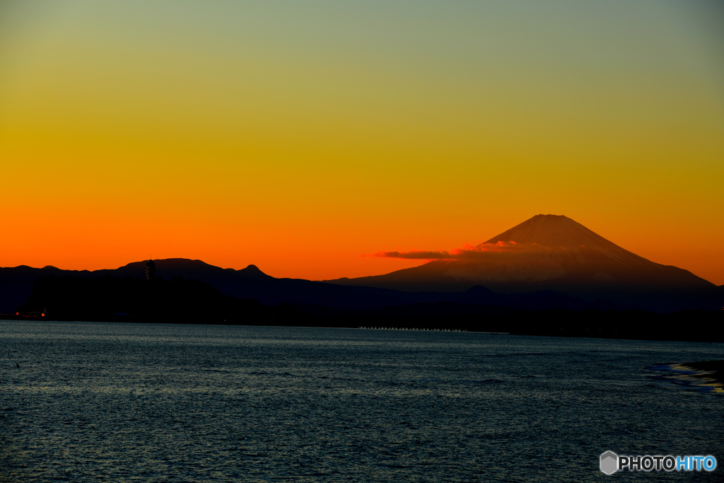 夕日に染まる富士