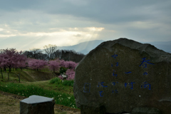 春の碑に光芒差して